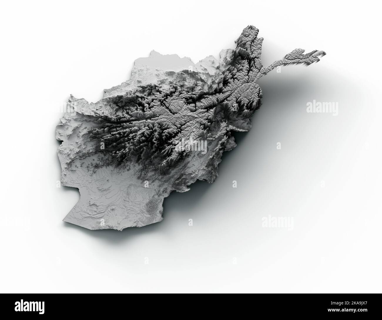 Un'illustrazione 3D della mappa dell'Afghanistan con un rilievo ombreggiato bianco Foto Stock