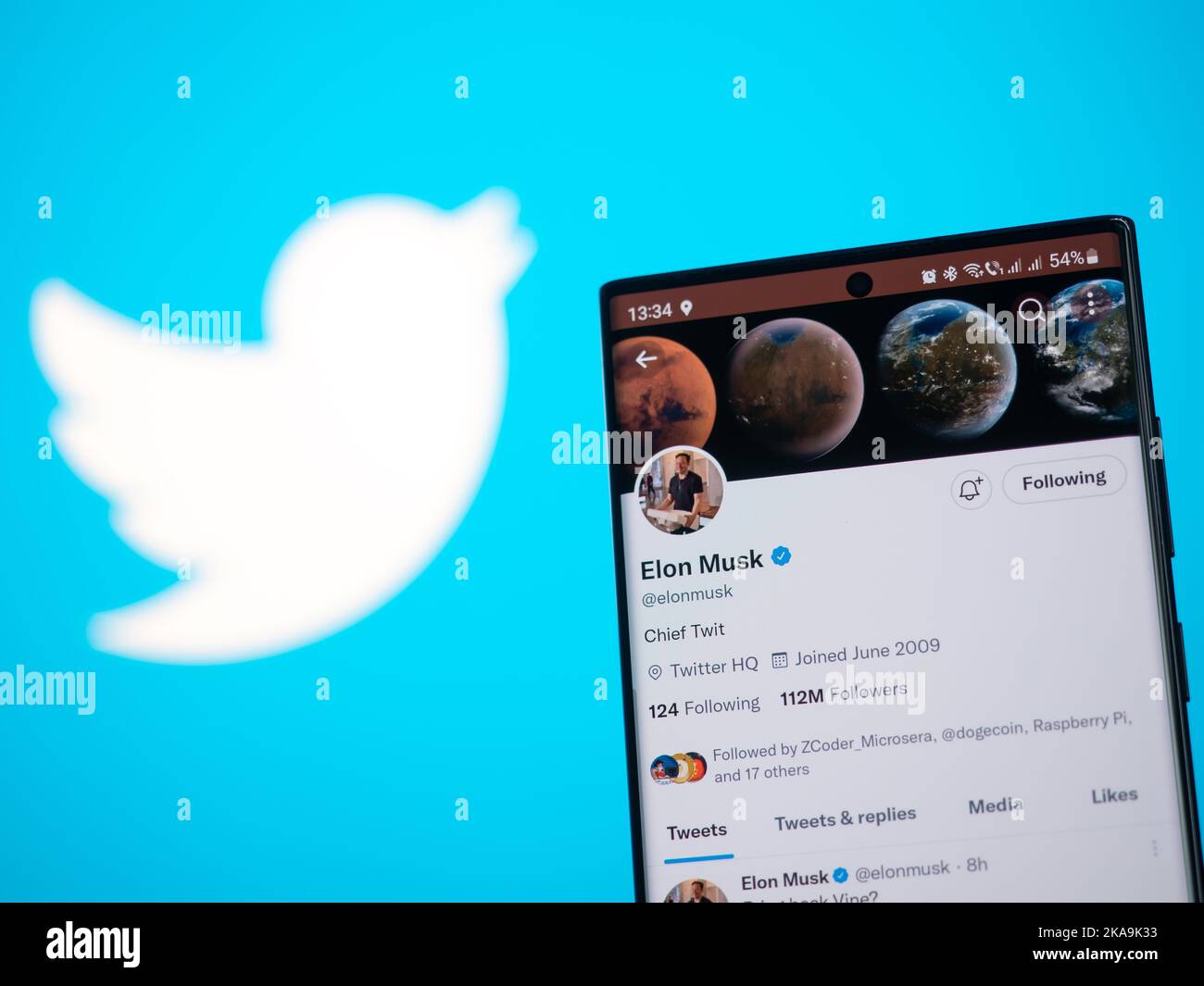 Galati, Romania - 31 ottobre 2022: Elon Musk ha verificato l'account twitter sullo sfondo del logo twitter. Il nuovo proprietario dei social media di Twitter pla Foto Stock
