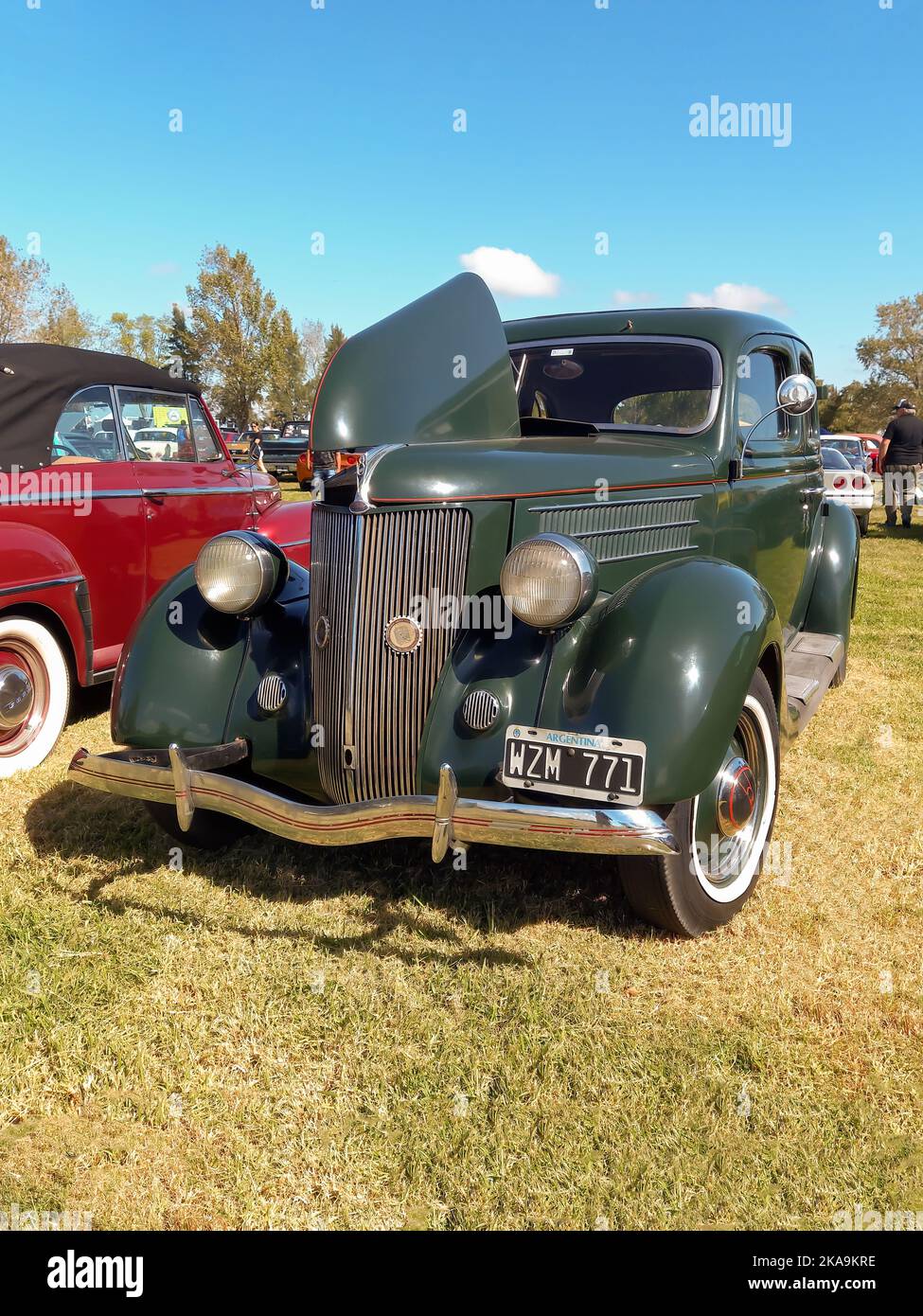 Berlina verde vintage Ford modello 48 V8 Fordor 1936 in campagna. Vista frontale. Griglia. Natura, erba, alberi. Spettacolo di auto classica. Foto Stock