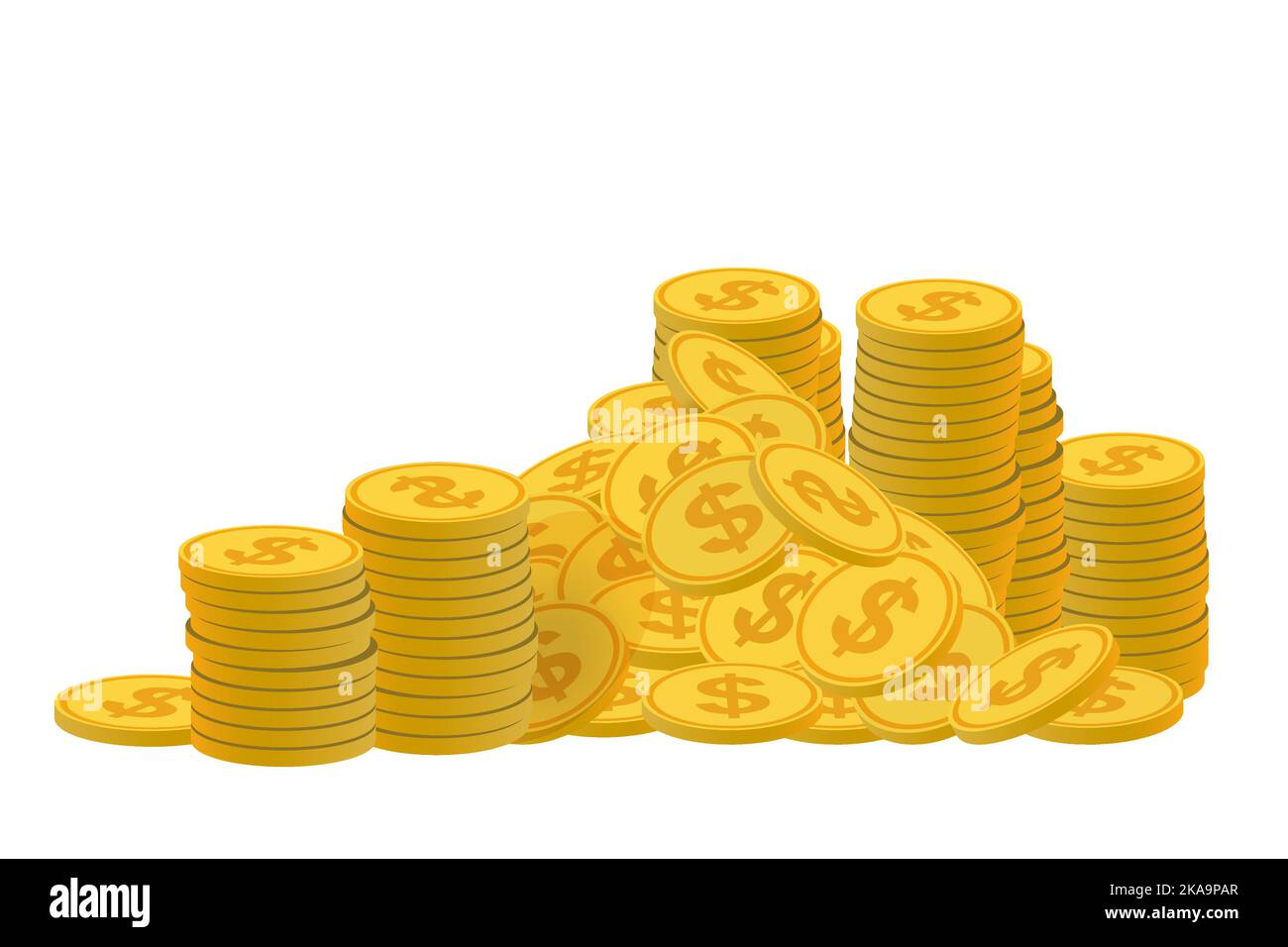 Monete d'oro, monete d'oro in dollari, mucchio di soldi, contante impilato. Bonus casinò, profitti e guadagni di reddito. Illustrazione vettoriale Illustrazione Vettoriale