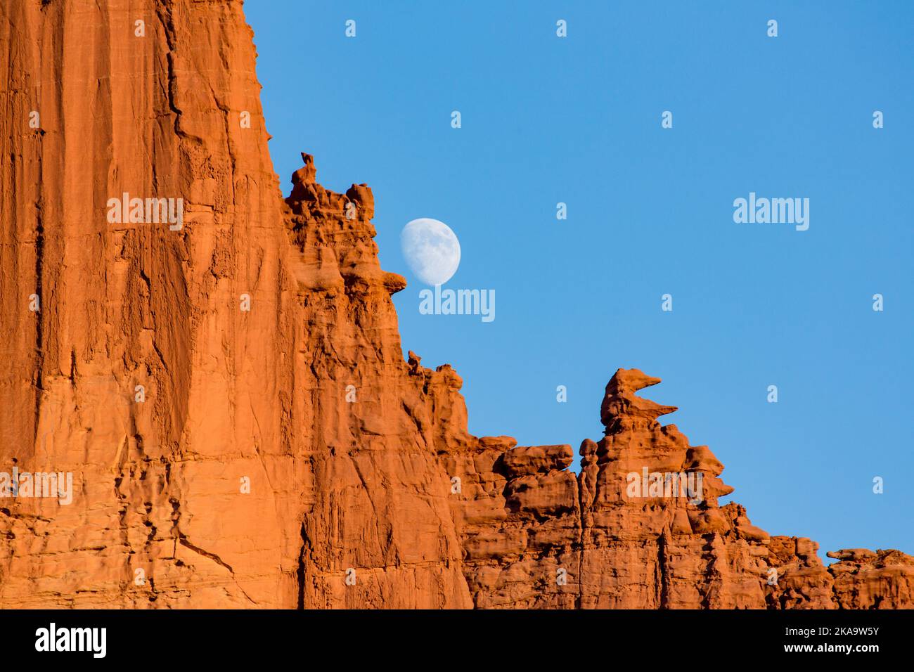 La luna che sorge tra la Sella e PAC Man nelle Fisher Towers, erose formazioni rocciose di arenaria di Cutler vicino a Moab, Utah. Foto Stock