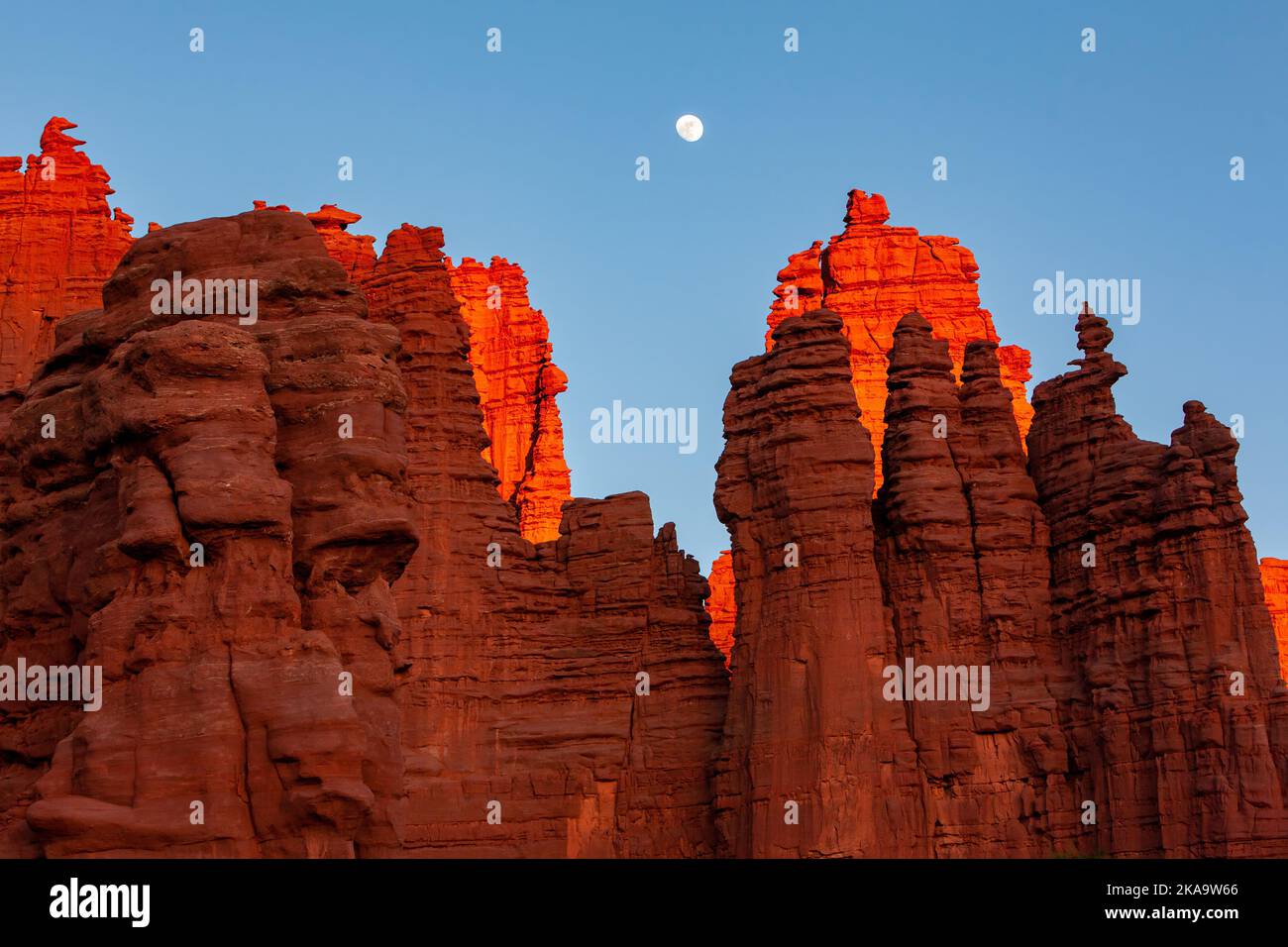 La luna che sorge sopra il Cottontail & Ancient Art nelle Fisher Towers, erose formazioni rocciose di pietra arenaria di Cutler vicino a Moab, Utah. Foto Stock