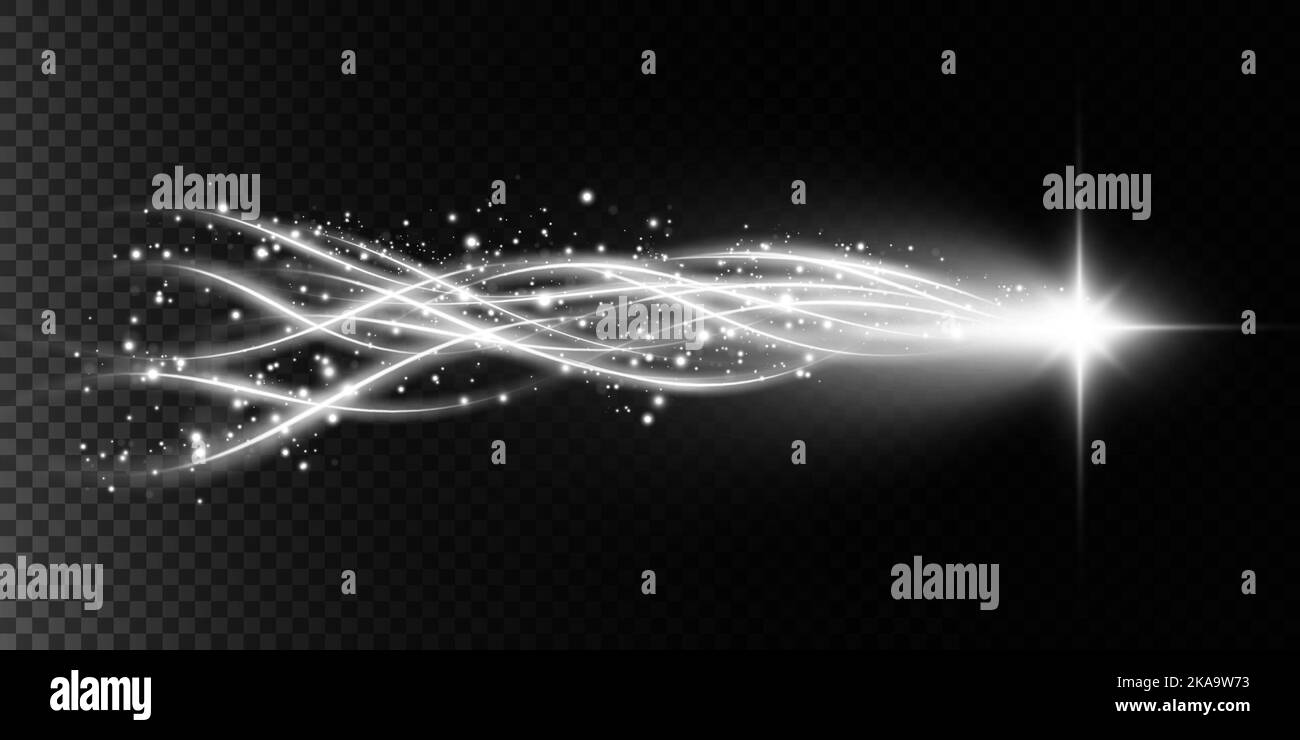 Linee luminose di velocità bianche. Effetto luminoso. Linee di movimento astratte. Onda leggera, linea di traccia del percorso del fuoco, luci per auto, fibra ottica e. Illustrazione Vettoriale