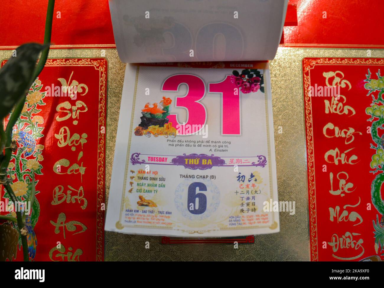 Mosca, Russia, novembre 2019: Staccabile strappo del calendario vietnamita con la vigilia di Capodanno, data 31 dicembre sul muro: Numeri rossi e rosa, hierogly Foto Stock