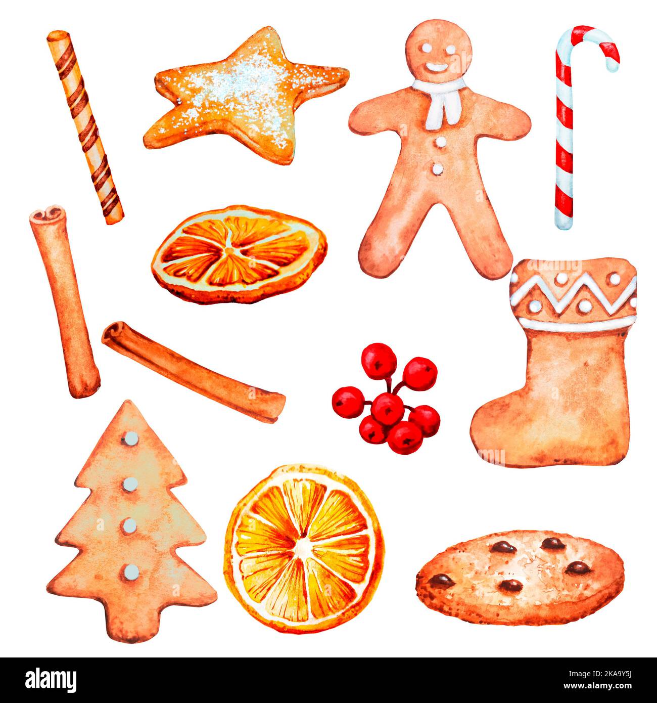 Buon Natale e Capodanno con biscotti e dolci. Elementi acquerelli per l'umore di Natale. Foto Stock