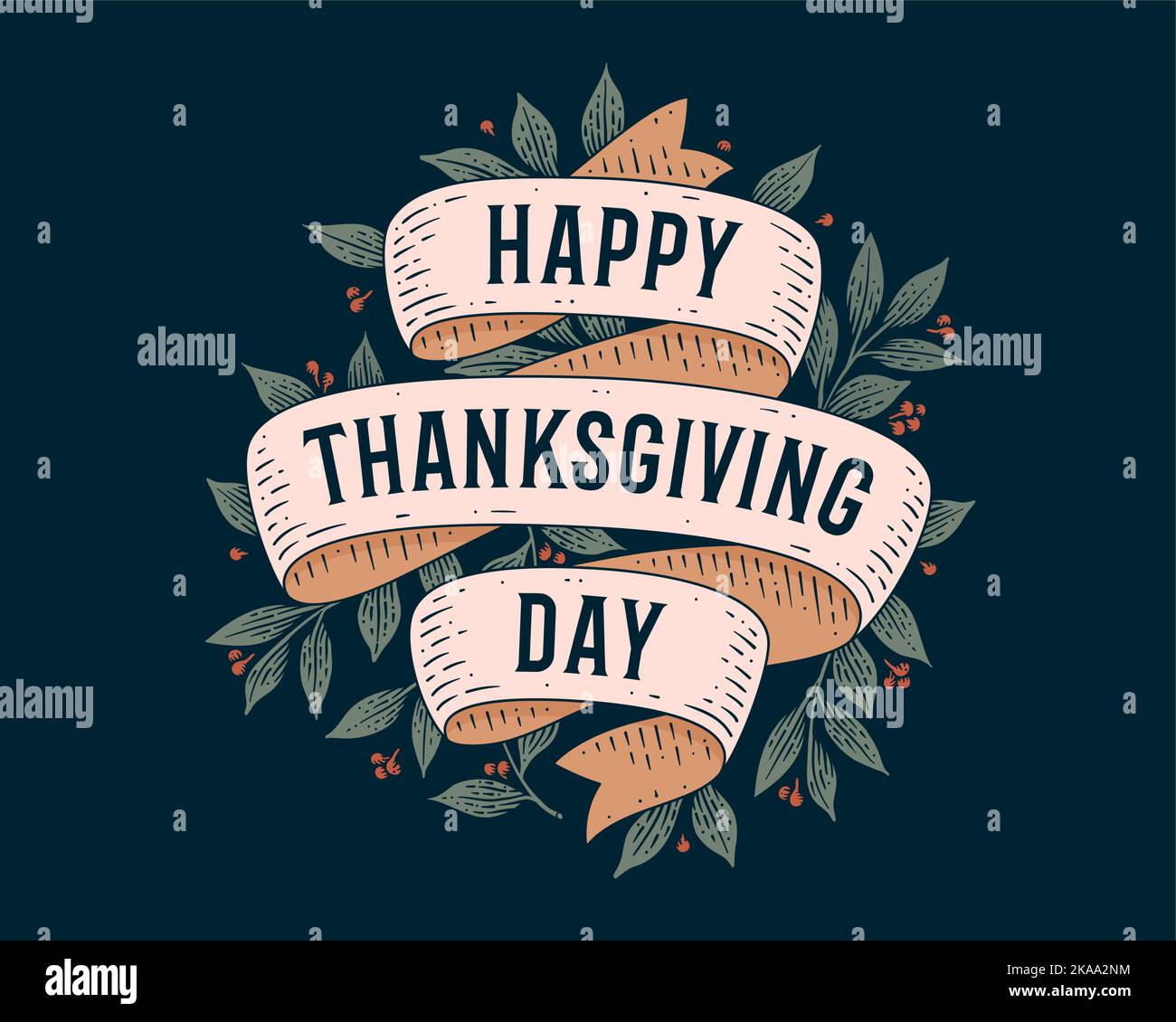 Buon giorno del Ringraziamento. Biglietto d'auguri retrò con nastro e testo felice giorno di ringraziamento. Vecchio banner a nastro in stile incisione per il giorno felice del Ringraziamento. Nastro vintage della vecchia scuola. Illustrazione vettoriale Illustrazione Vettoriale