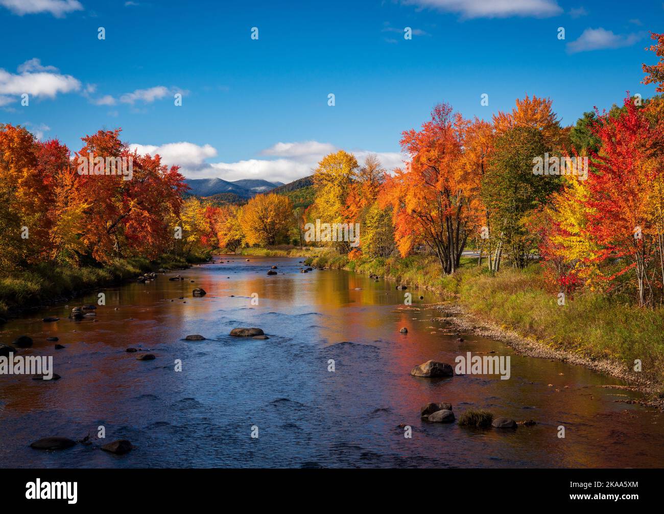 Colorati alberi cadono intorno al fiume Saranac nelle Adirondacks nello stato di New York in autunno Foto Stock