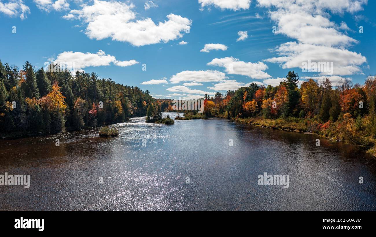 Colorati alberi cadono intorno al fiume Saranac vicino a Redford nelle Adirondacks nello stato di New York in autunno Foto Stock