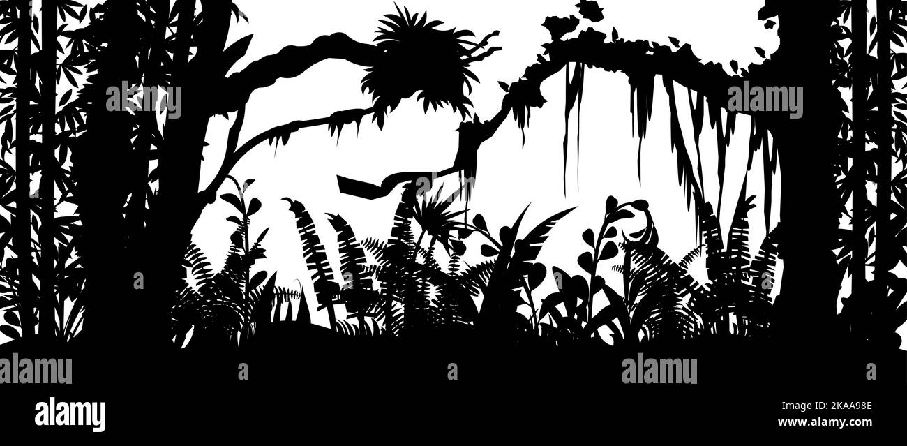 Recipiente impenetrabile. Giungla foresta pluviale. Natura paesaggio silhouette. Fitti ispessimenti tropicali. Isolato su sfondo bianco. Vettore Illustrazione Vettoriale
