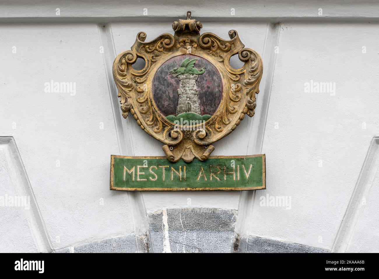 Mestni Arhiv, archivio città, castello drago, Mestni trg, Piazza del Municipio, Lubiana, Slovenia Foto Stock