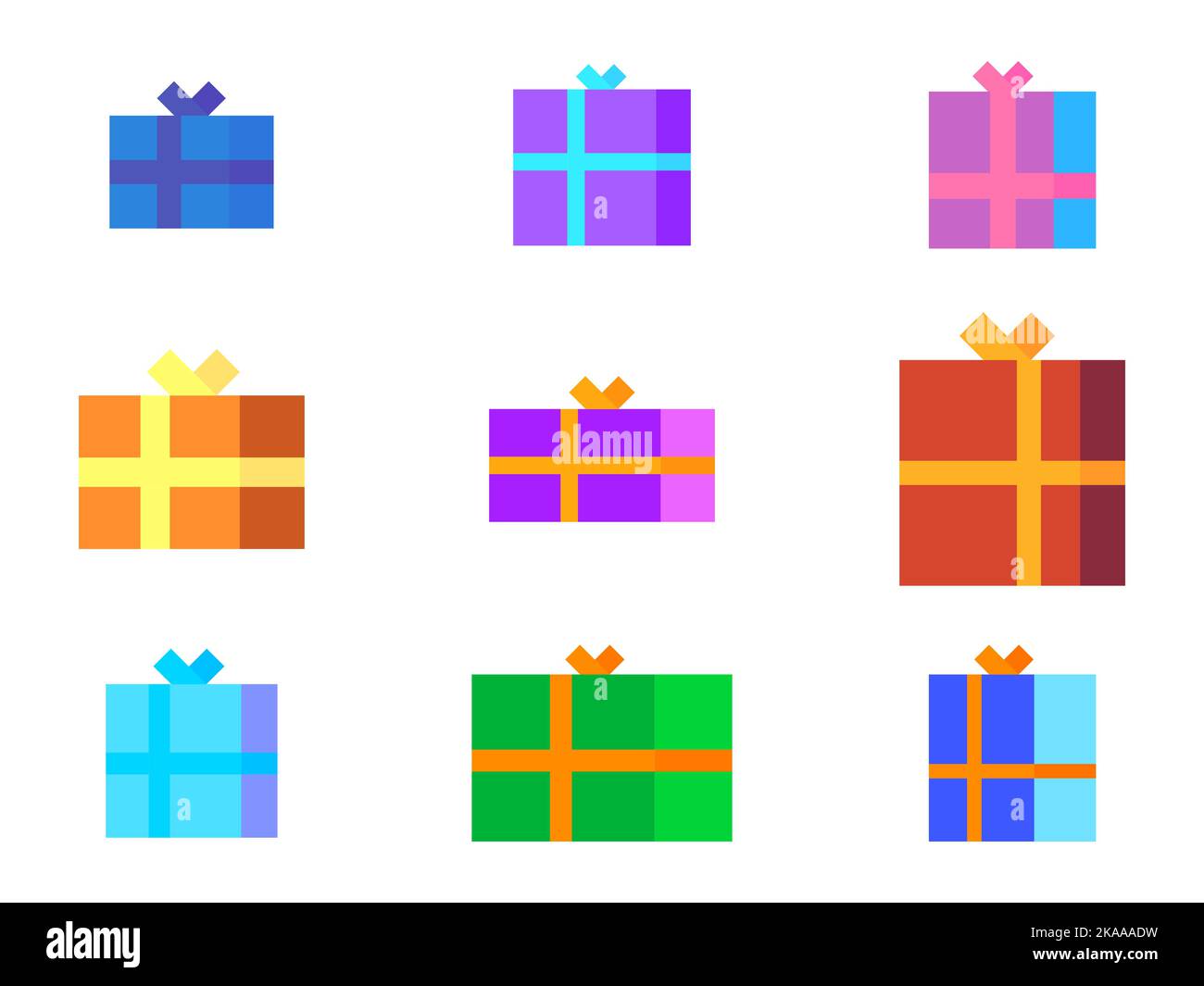 Regali di Natale set icone. Scatole regalo colorate con archi. Xmas presenta il design per biglietti d'auguri, carta da imballaggio, striscioni e materiale promozionale Illustrazione Vettoriale