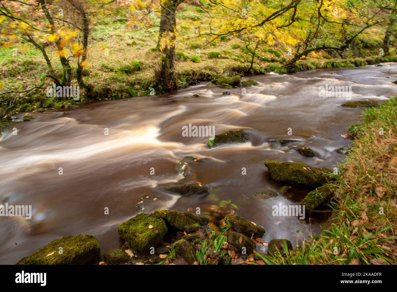 Il fiume Dane che forma la valle Dane percorso a lunga distanza sentiero attraverso la campagna del Cheshire fotografato con la bassa velocità dell'otturatore Foto Stock