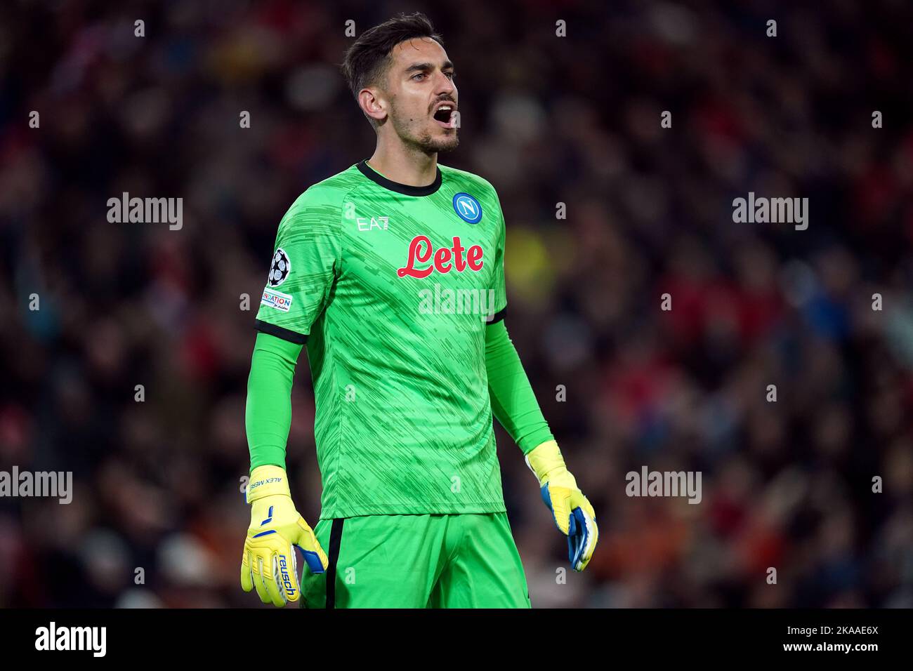 Il portiere di Napoli Alex Meret durante la UEFA Champions League Group Una partita ad Anfield, Liverpool. Data immagine: Martedì 1 novembre 2022. Foto Stock