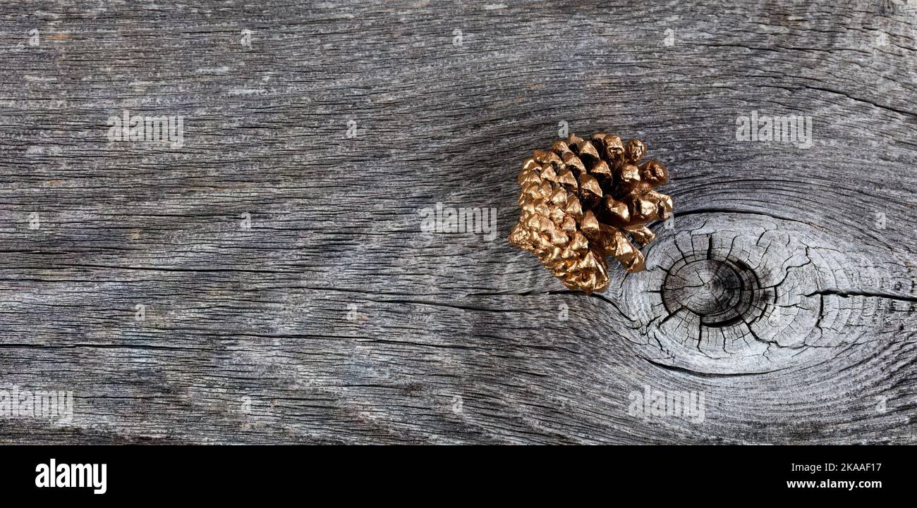 Vista ravvicinata del cono di pino dorato su legno rustico per la decorazione di Natale o Capodanno Foto Stock