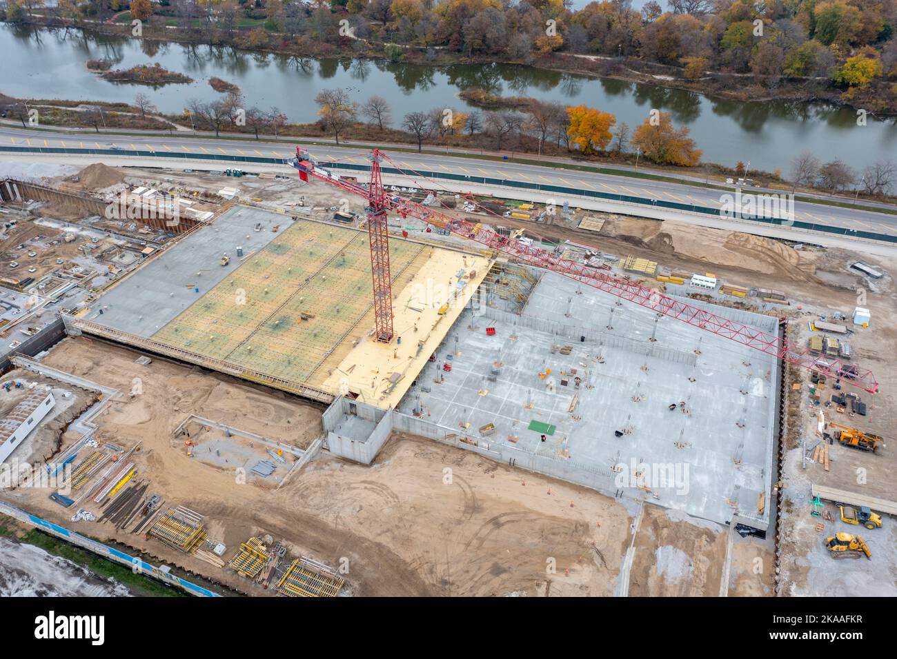 Chicago, Illinois - costruzione della biblioteca presidenziale Barack Obama a Jackson Park. Foto Stock
