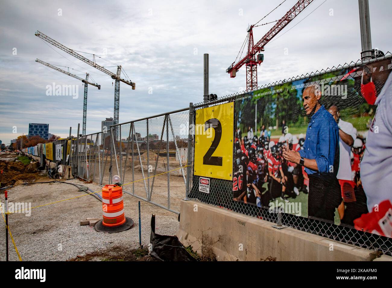 Chicago, Illinois - costruzione della biblioteca presidenziale Barack Obama a Jackson Park. Foto Stock