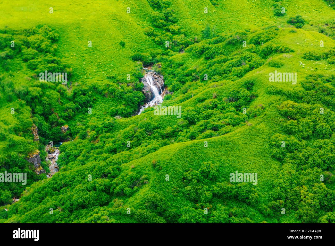 Veduta aerea della cascata remota; Isola di Kodiak; de Havilland; Beaver; aereo galleggiante; Alaska; USA Foto Stock