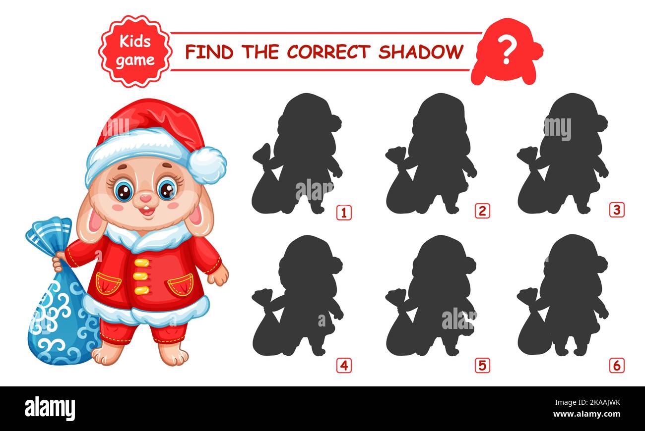Coniglio carino in costume di Capodanno Santa, trovare corretta forma d'ombra. Partita di educazione gioco per bambini. Coniglietto di Natale con borse regalo. Vettore puzzle capretto Illustrazione Vettoriale