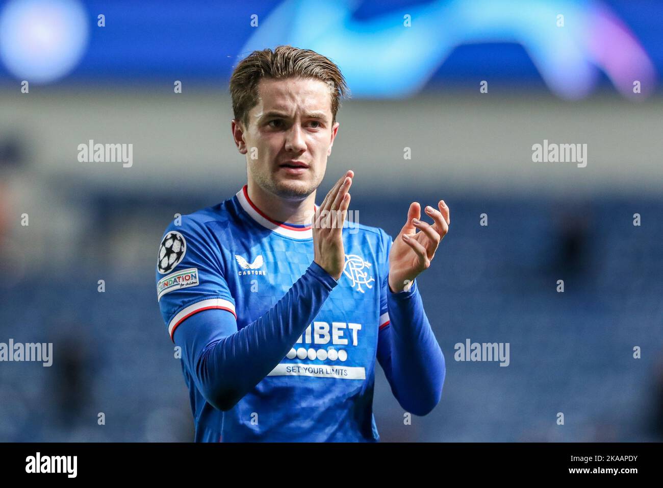 Glasgow, Regno Unito. 01st Nov 2022. I Rangers hanno giocato Ajax nel gruppo UEFA Champions League Un giorno di incontro sei allo stadio Ibrox, la casa dei Rangers. Il punteggio finale è stato Rangers 1, Ajax 3. Tavernier ha segnato per Rangers da una penalità (87 minuti) e gli scori per Ajax sono stati Berghuis (4 minuti), Kudus (29 minuti) e Fernandes da Conceigao (89 minuti). I Rangers sono ora eliminati dalla concorrenza. Credito; credito: Findlay/Alamy Live News Foto Stock