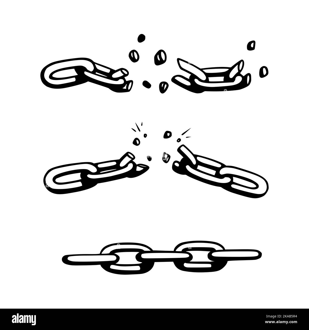 Catena spezzata con frantumazioni come simbolo di forza e libertà. Schizzo delle catene metalliche. Illustrazione vettoriale isolata su sfondo bianco Illustrazione Vettoriale