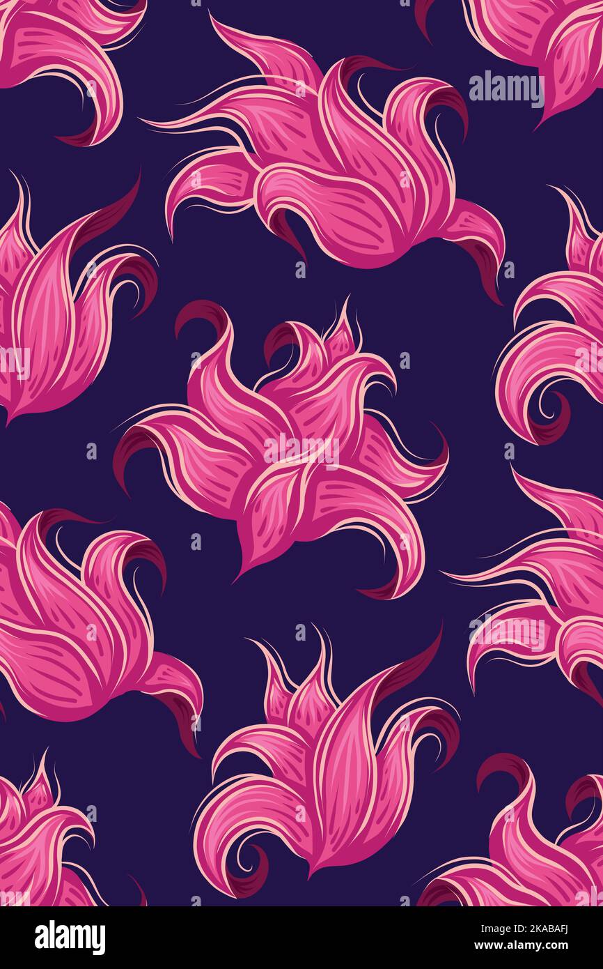 Motivo vettoriale con favolose teste di fiori rosa ricci. Fantastica texture floreale su sfondo viola scuro per sfondi e tessuti Illustrazione Vettoriale