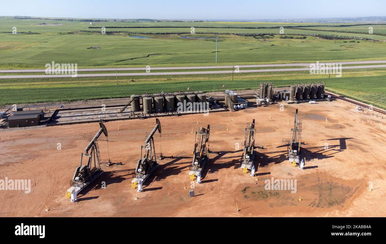 Fratturazione idraulica, sito di fracking, East Fork, North Dakota Foto Stock