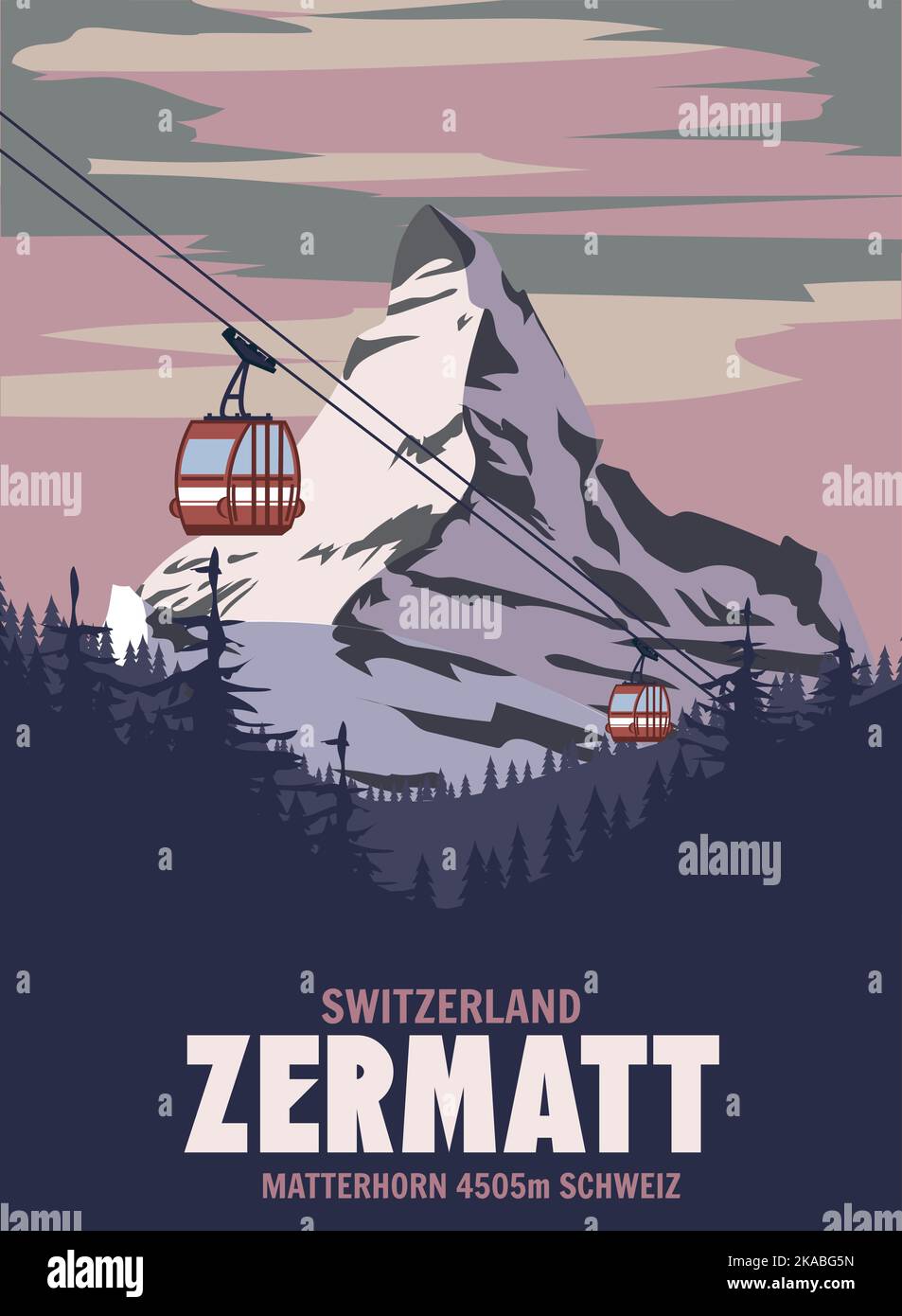 Poster della stazione sciistica di Zermatt, retro. Tessera di viaggio invernale per le Alpi Illustrazione Vettoriale