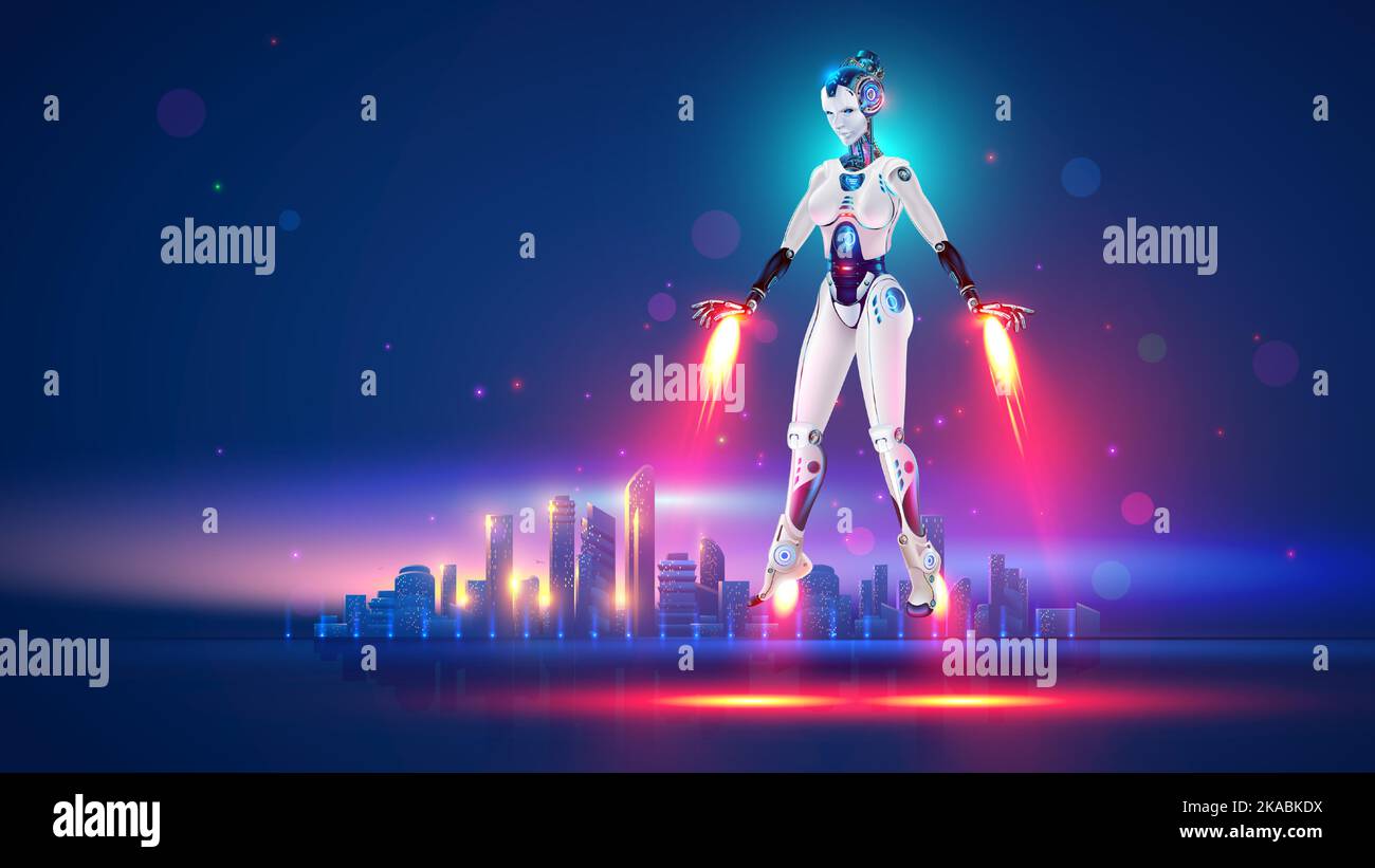 Robot volante o donna cyborg in tuta di ferro supereroe. Ragazza robotica sci-fi in armature terre sullo sfondo di città futuristica. Personaggio super eroe con Illustrazione Vettoriale