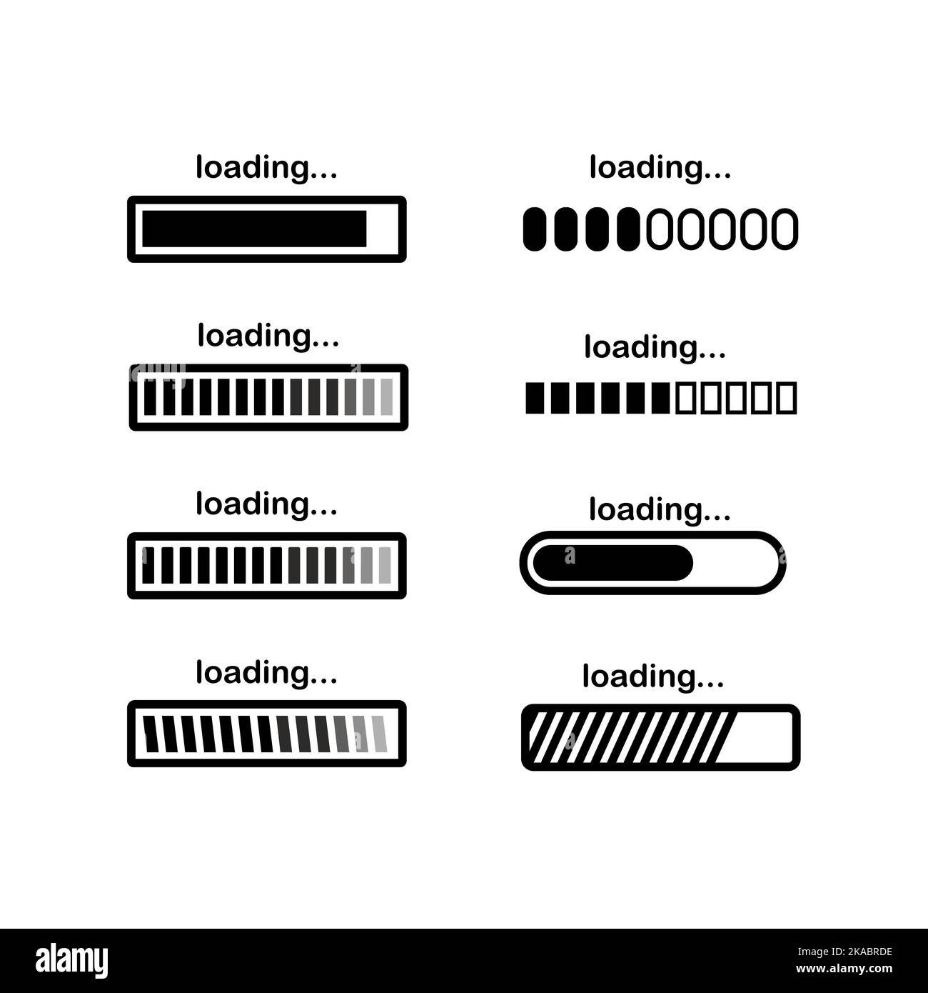 Icone di avanzamento della barra di caricamento. Set di icone della barra di caricamento. Avanzamento del download. Carica processo. Caricamento in corso. Icona Big Set Load. Illustrazione Vettoriale