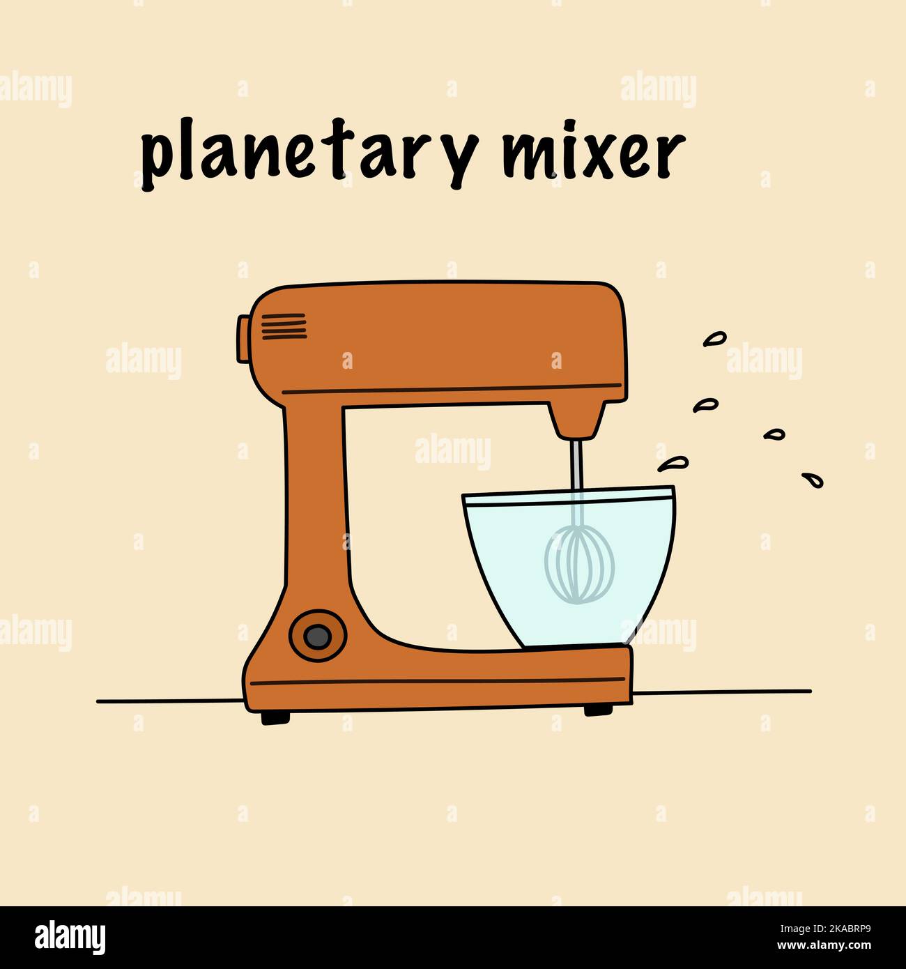 carino arte del miscelatore planetario in colore arancione, ciotola Illustrazione Vettoriale
