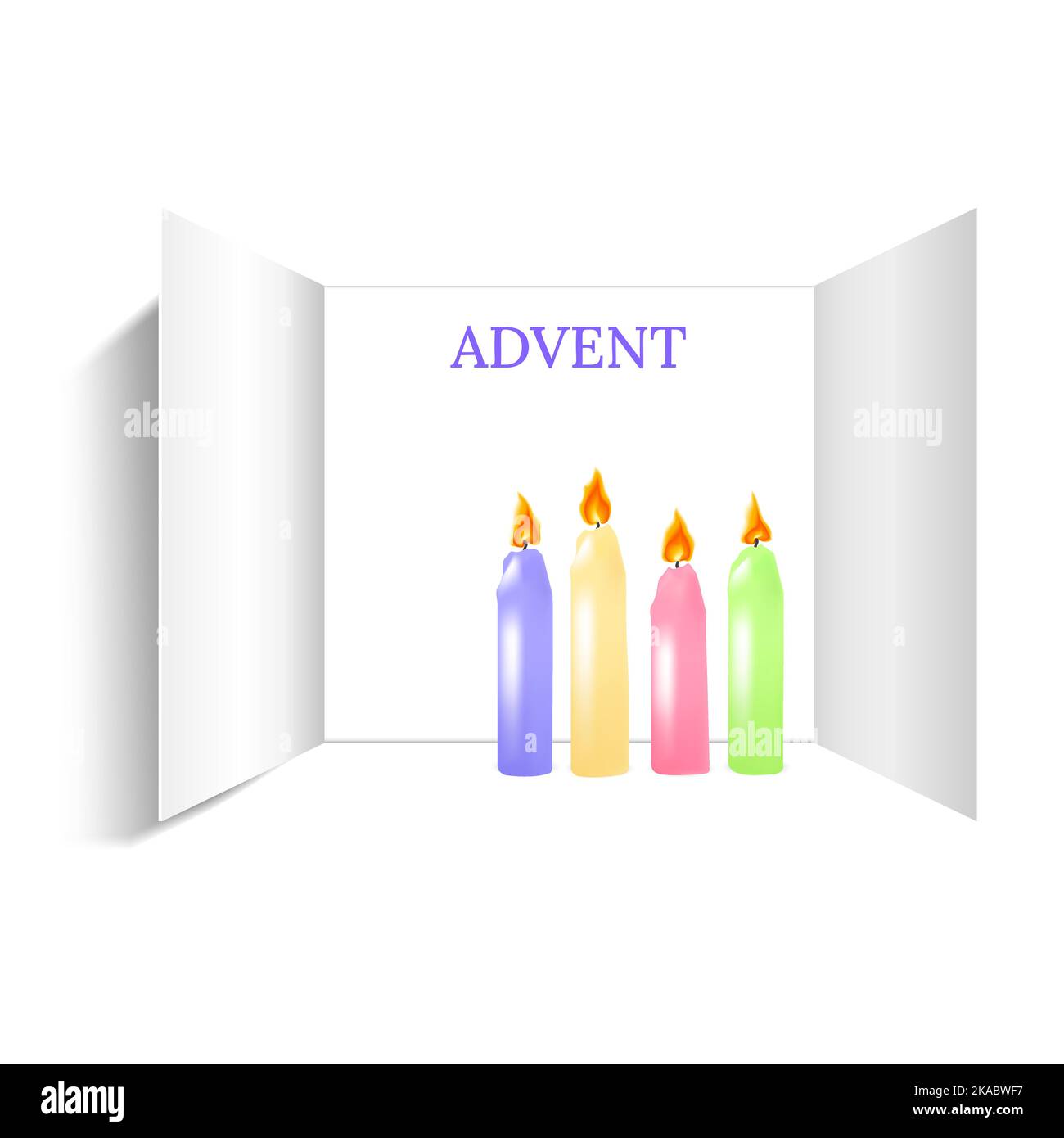 Apertura della porta dell'avvento di Natale. Realistico una grande porta aperta con quattro candele brucianti isolato su sfondo bianco. Buon Natale, Avvento banne Illustrazione Vettoriale