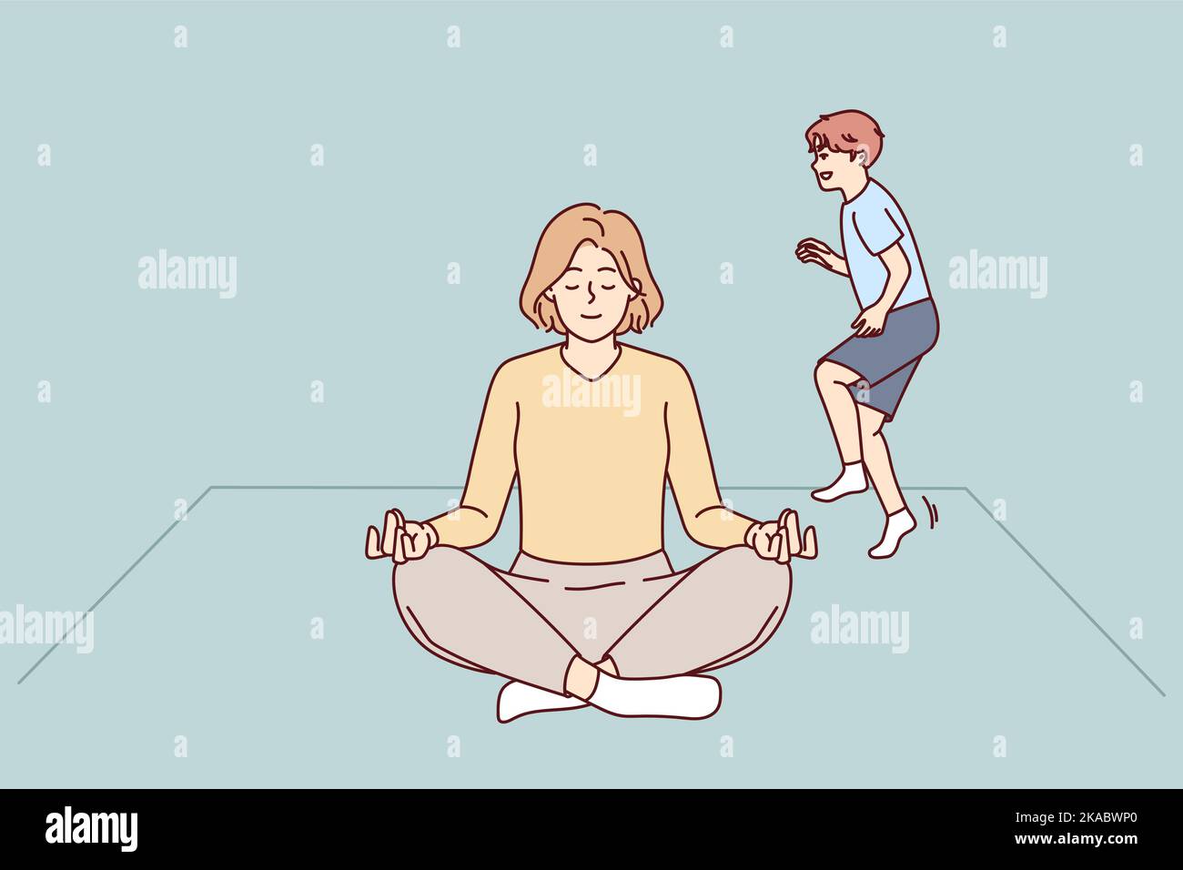 Calma giovane mamma meditare a casa con il bambino che gioca vicino. Donna rilassata seduta in posizione di loto yoga pratica distratta da bambino naughty. Illustrazione vettoriale. Illustrazione Vettoriale