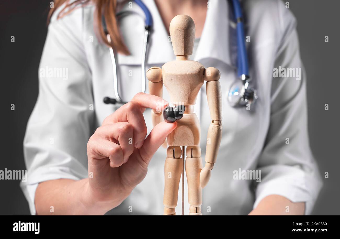 Concetto di fegato di salute. Cirrosi e malattie di altri organi sul modello di corpo di legno 3D. Foto Stock