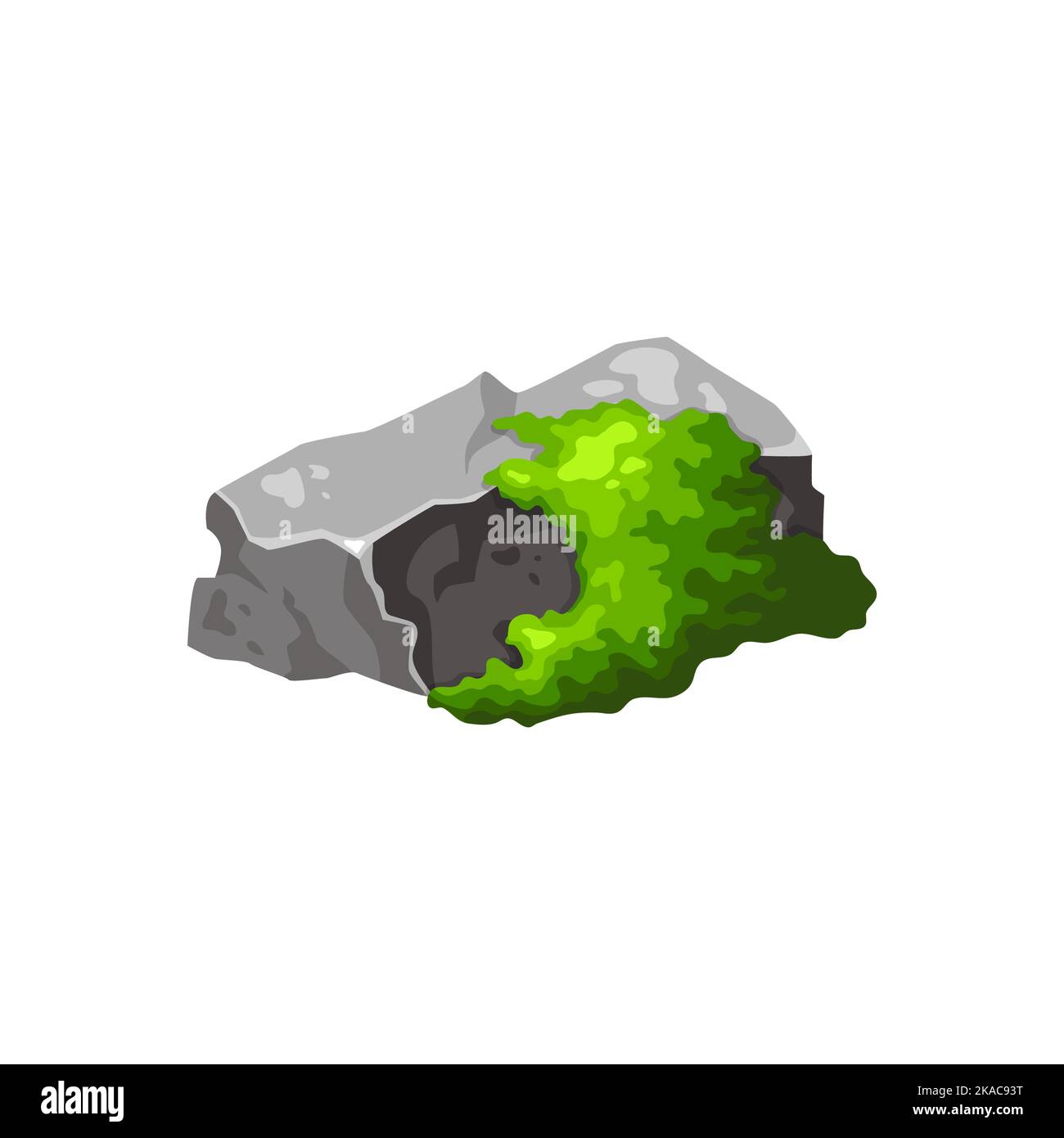 Pietra grigia con muschio verde . Elemento di foresta, natura montano roccia. Insegna di Boulder per il design. Illustrazione vettoriale isolata su sfondo bianco Illustrazione Vettoriale