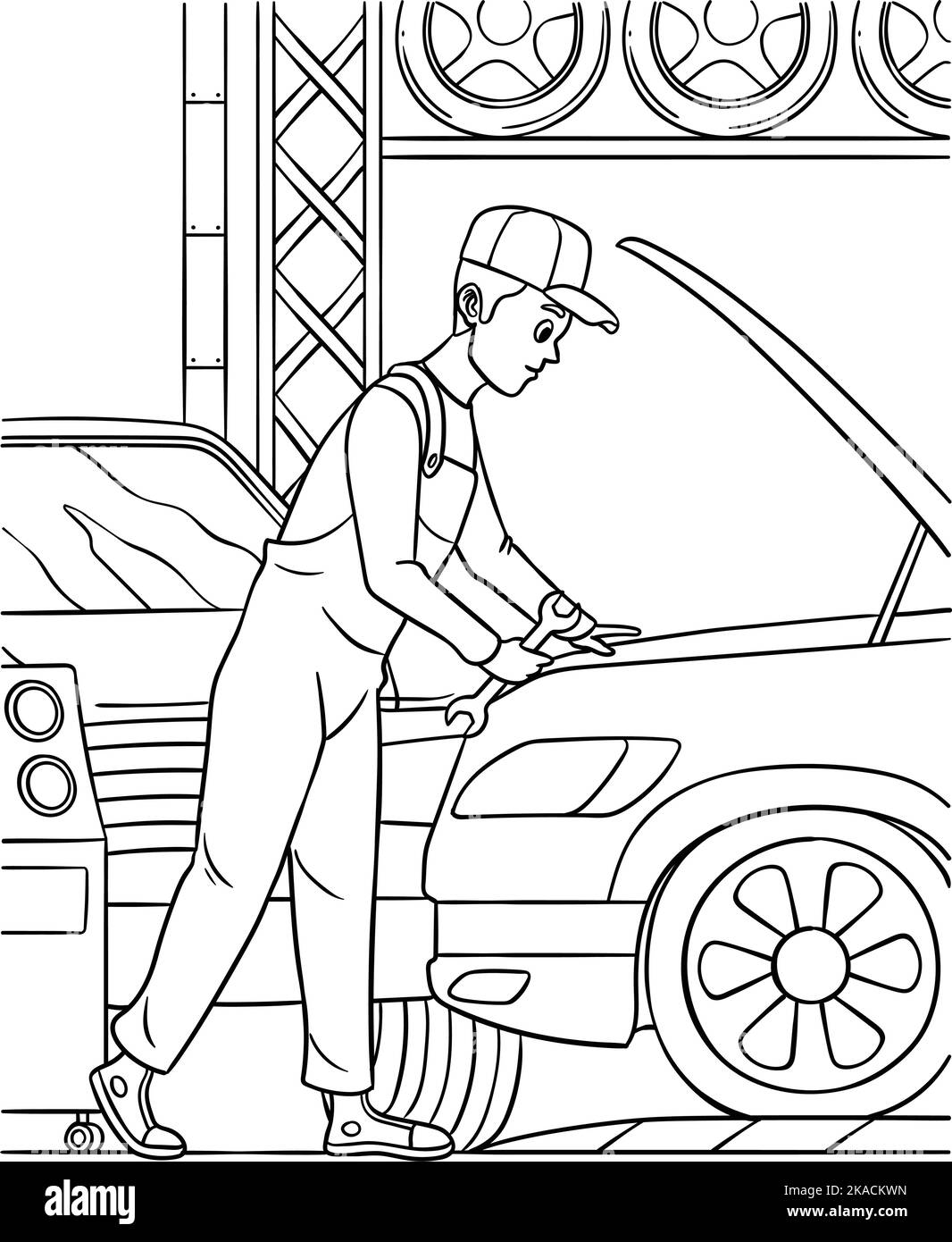 Pagina Auto Mechanic Coloring per bambini Illustrazione Vettoriale