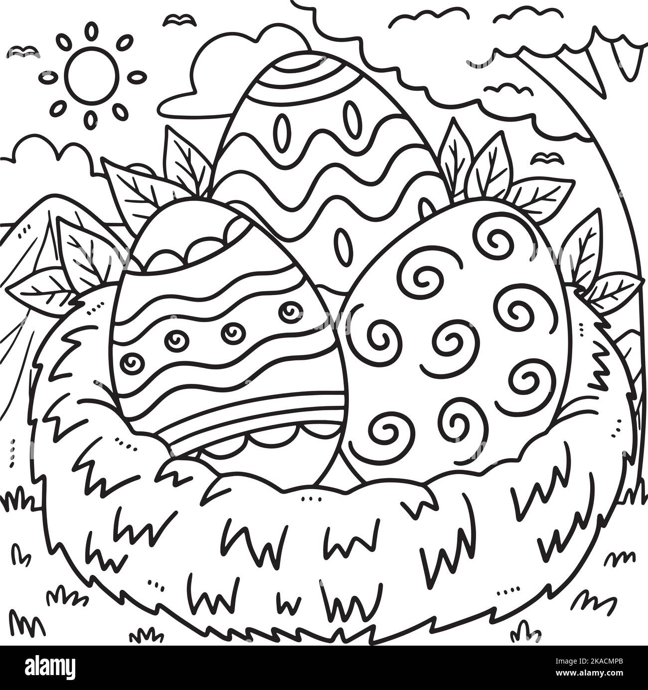 Uova di Pasqua in Nest Coloring Page for Kids Illustrazione Vettoriale