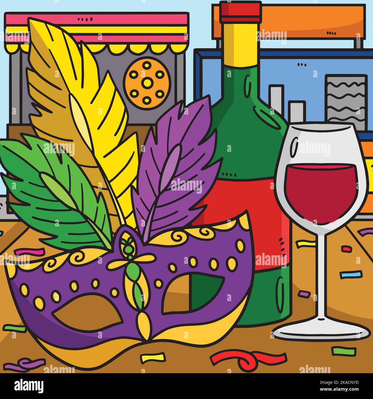Maschera di Mardi Gras e cartoon colorato con vino Illustrazione Vettoriale