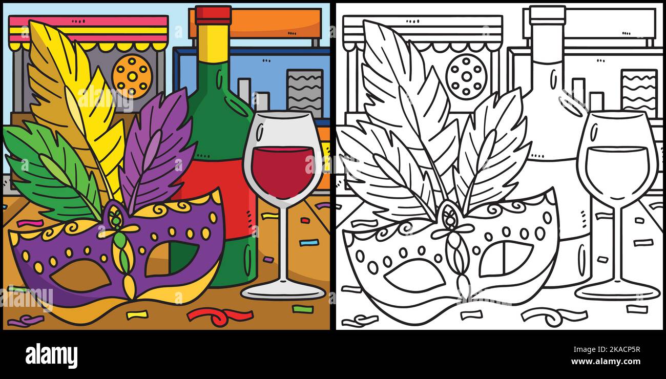 Maschera di Mardi Gras e disegno di colorazione del vino Illustrazione Vettoriale