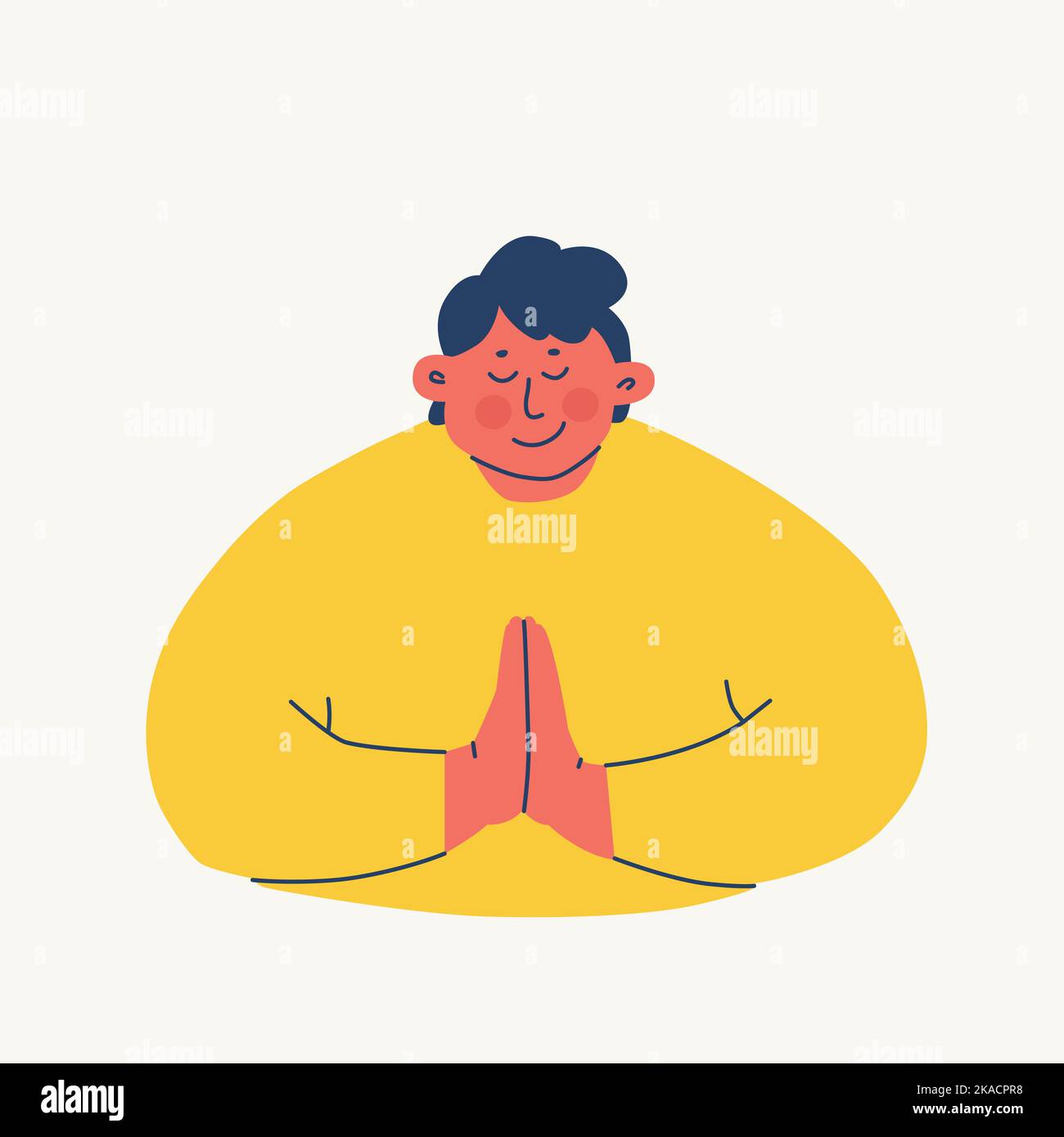 Un giovane piega le mani in preghiera o fa un arco rispettoso. Il carattere sorridente rende namaste. Gesti rispettosi. Illustrazioni vettoriali. Illustrazione Vettoriale
