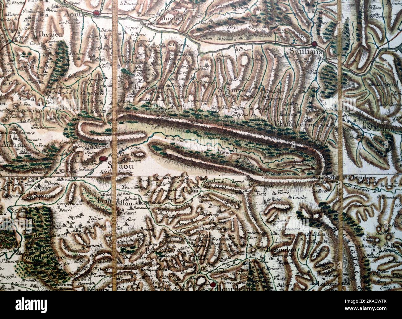 Carta Cassini antica o vintage (c 18) della Foresta di Saou che mostra la sua sinclina geologica Drôme Francia Foto Stock