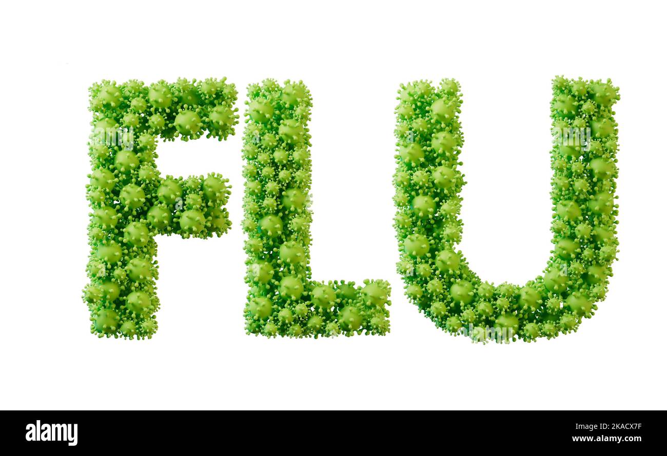 Influenza parola fatta da caratteri di bug virus verde. Rendering 3D Foto Stock
