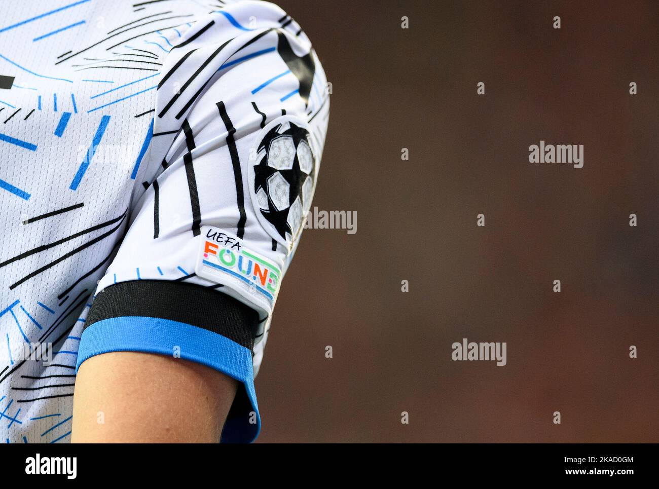 Leverkusen/Germania. 1st novembre 2022, caratteristica, logo della CL League sulla manica di una camicia, UEFA Found, pubblicità, Football Champions League, primo turno 6th matchday, Bayer 04 Leverkusen (LEV) - Club Bruegge (CB) 0:0, il 1st novembre 2022 a Leverkusen/Germania . Foto Stock