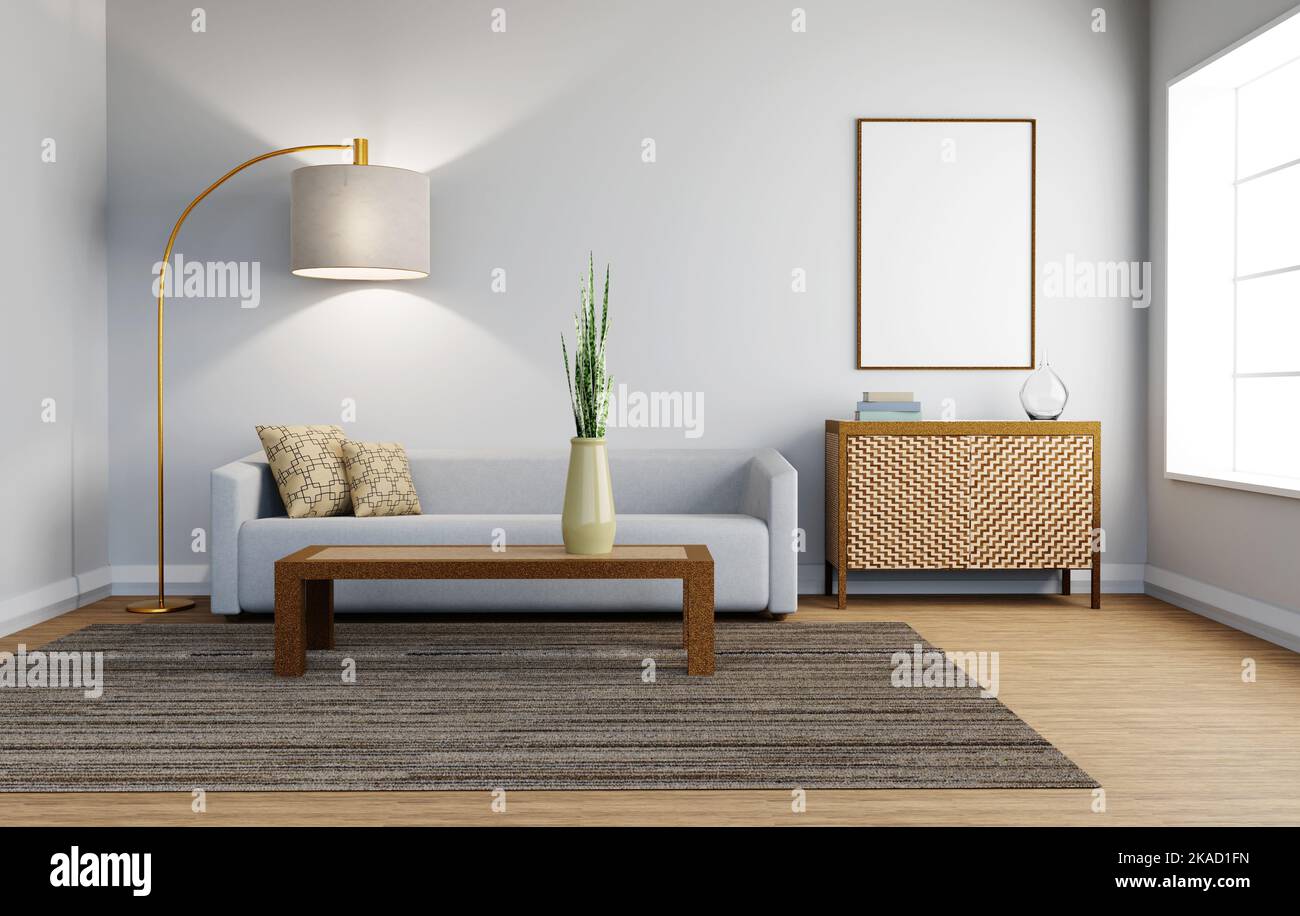 Divano grigio su pavimento in legno, tavolo laterale in legno nel soggiorno con parete bianca. 3d illustrazioni. Foto Stock
