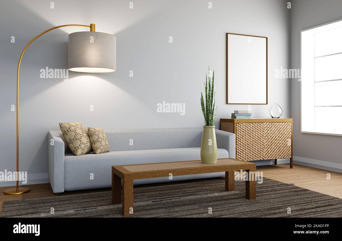 Divano grigio su pavimento in legno, tavolo laterale in legno nel soggiorno con parete bianca. 3d illustrazioni. Foto Stock