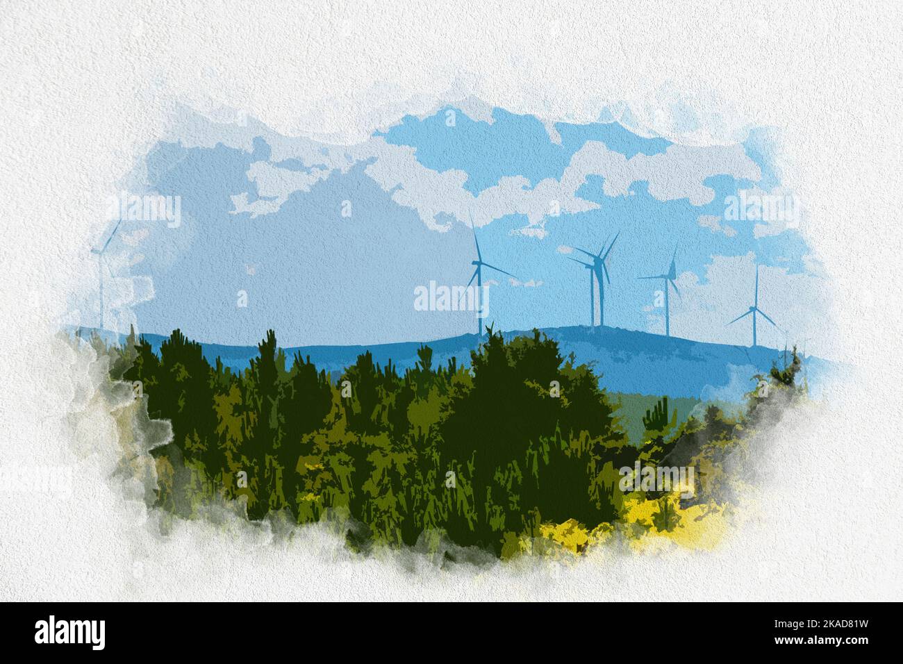 Illustrazione di alberi e turbine eoliche. Effetto acquerello paesaggio su carta tela. Immagine pacifica. Nessuna gente, nessuno. Foto Stock