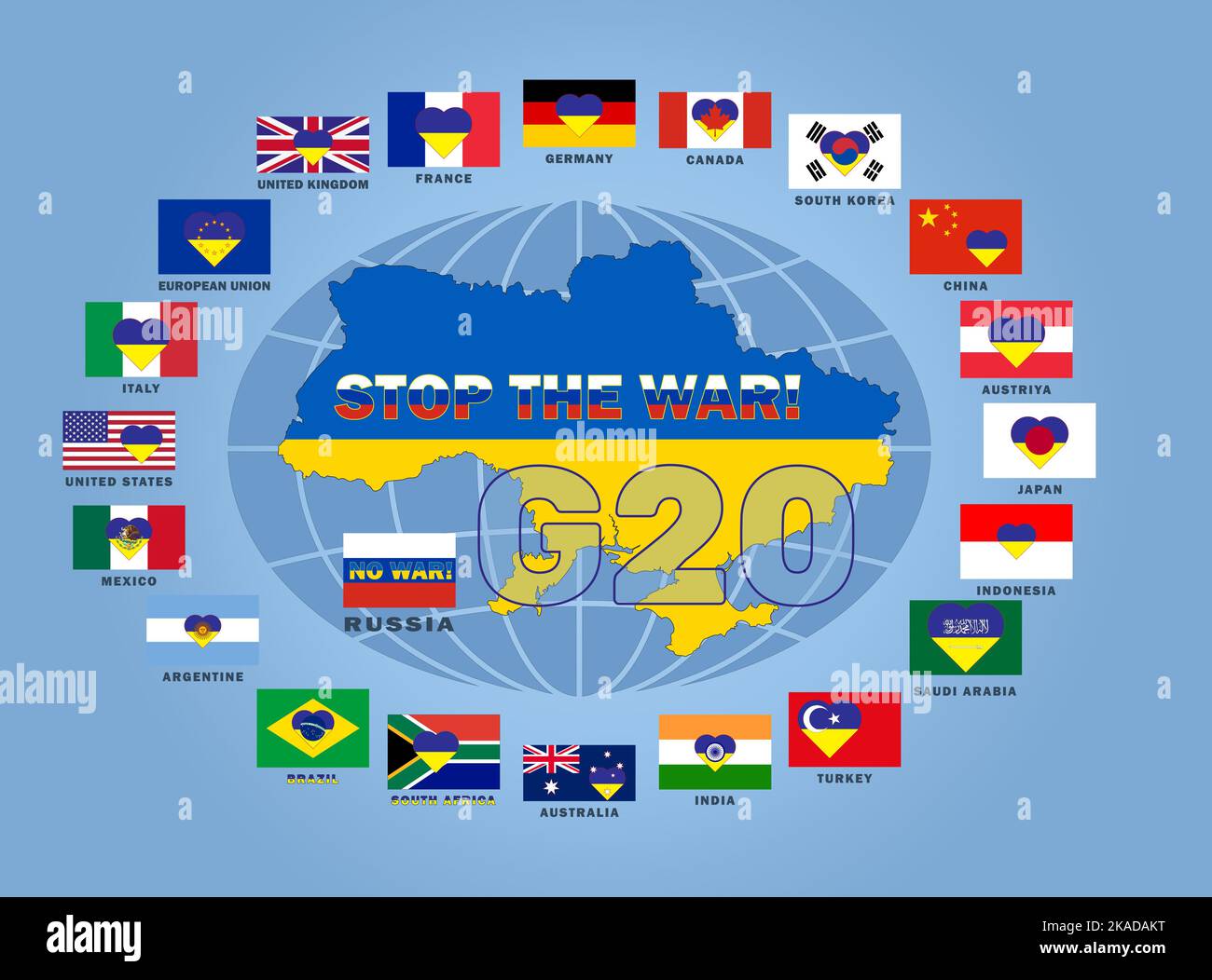 Illustrazione vettoriale degli allarmi dei paesi del G-20. Bandiera e mappa dell'Ucraina nel centro. Fermare la guerra. G20, le venti principali economie del mondo. An finanziario Foto Stock