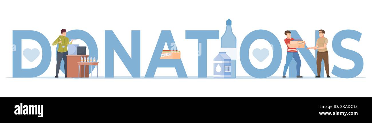 Donazioni banner di testo in stile piatto con volontari che cucinano pasti caldi e che danno aiuto umanitario vettore illustrazione Illustrazione Vettoriale