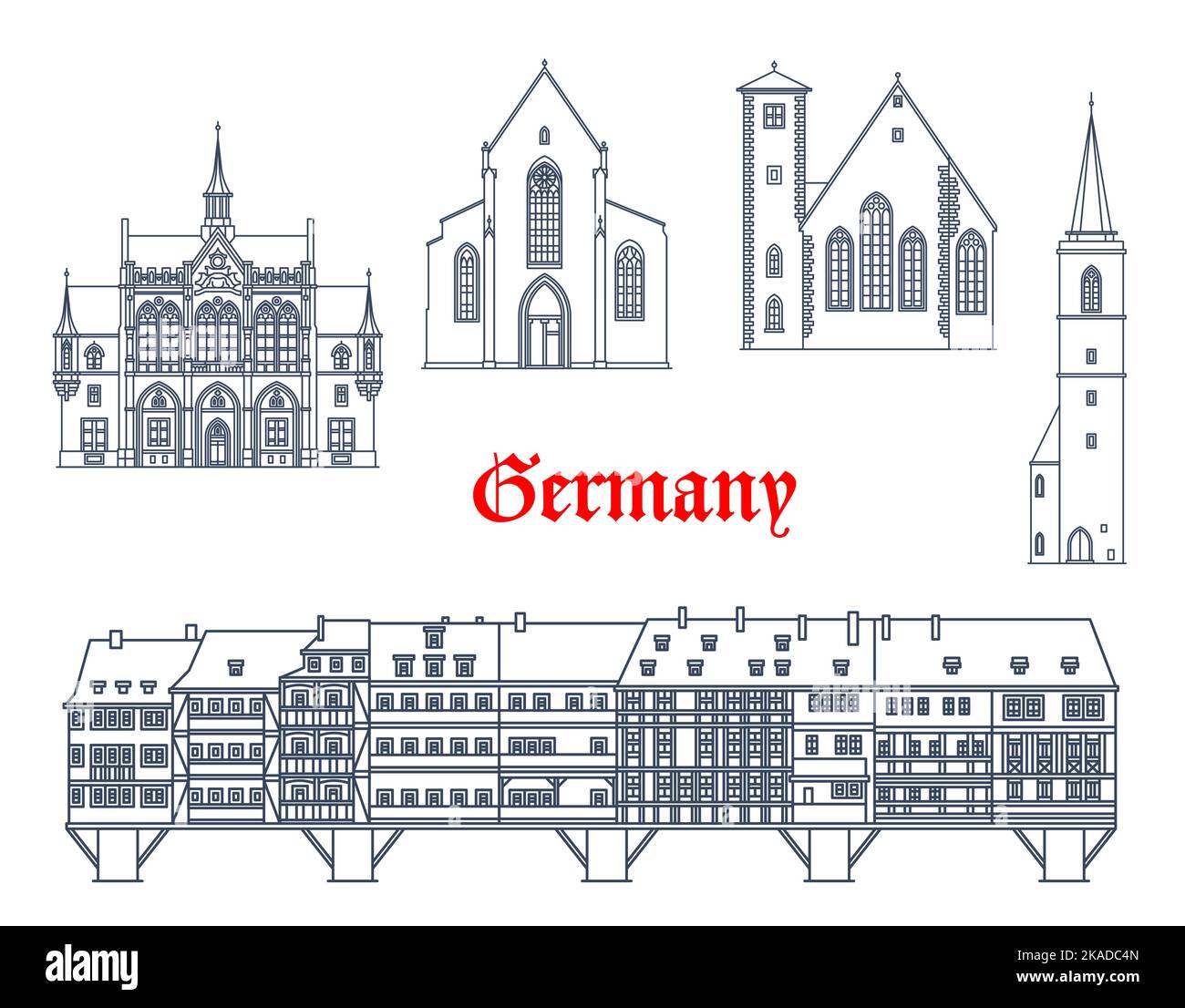 La Germania, gli edifici della città di Erfurt e l'architettura della Turingia sono punti di riferimento. Famosi edifici tedeschi di Michaelskirche chiesa di San Michele, tutti i Santi Allerheiligenkirche, Kramerbrucke ponte medievale Illustrazione Vettoriale