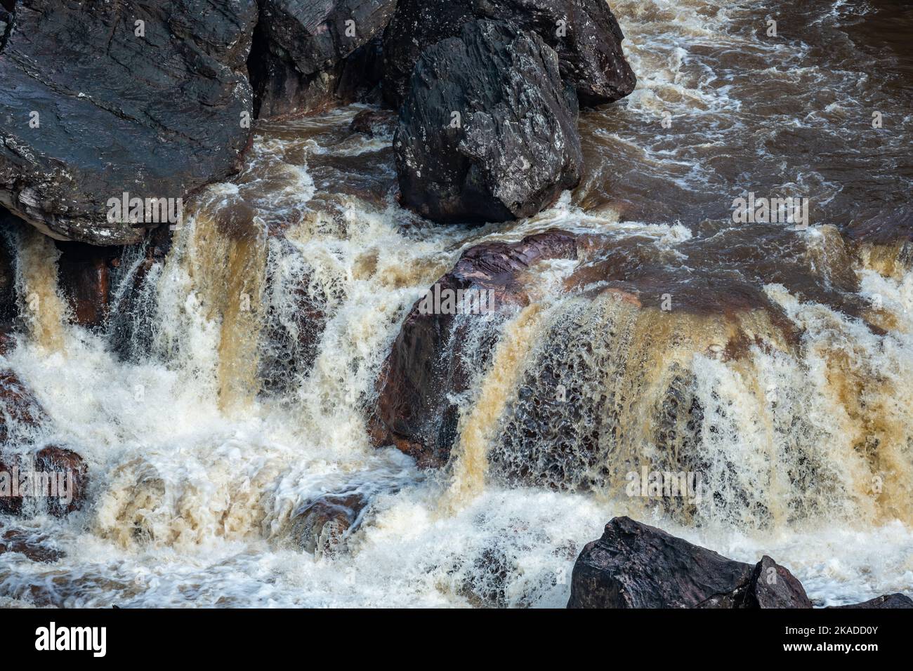 Acqua ricca organica di colore marrone che scorre tra le rocce in una cascata ai piedi del monte Tepui. Tepequém, Stato di Roraima, Brasile. Foto Stock