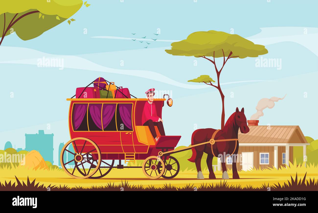 Carrozza trainata da cavalli sfondo rustico colorato con coachman che trasporta passeggeri e bagagli cartoni animati illustrazione vettore Illustrazione Vettoriale